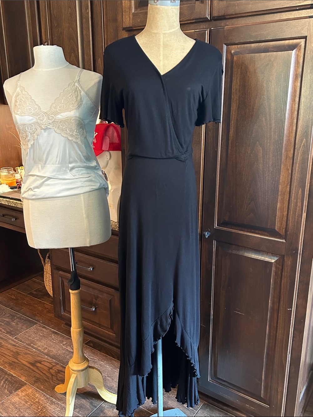 Venus Sz S Black Jersey V-Neck Wrap Style Asymmetrical Maxi Dress
